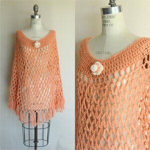 Vintage 1960s 1970s Poncho Shawl, Peach Orange Knit or Crochet with Fringe Cape